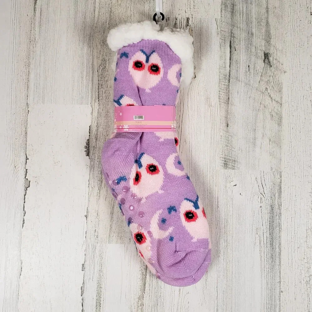 NWT Mari Clare Sherpa Lined Knit Winter Owl Moon Star No-Slip Slipper Socks